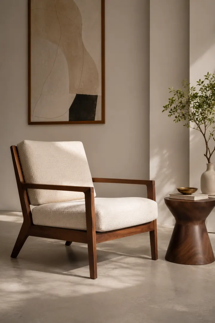 Minimal accent chair framed in a light editorial setting